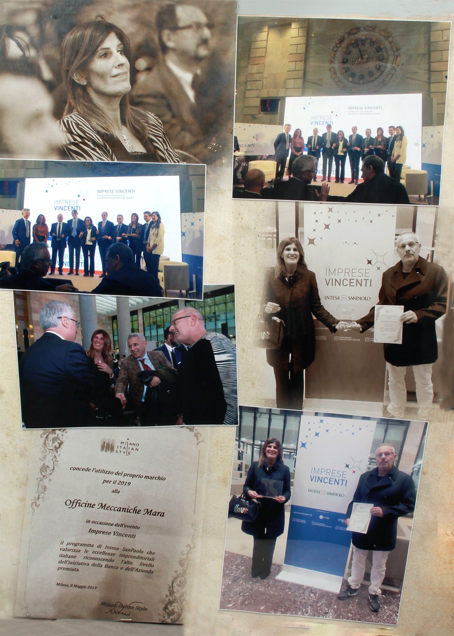 Officine Mara all'evento «Imprese Vincenti» di Intesa Sanpaolo a Milano nel 2019: collage di fotografie della premiazione.